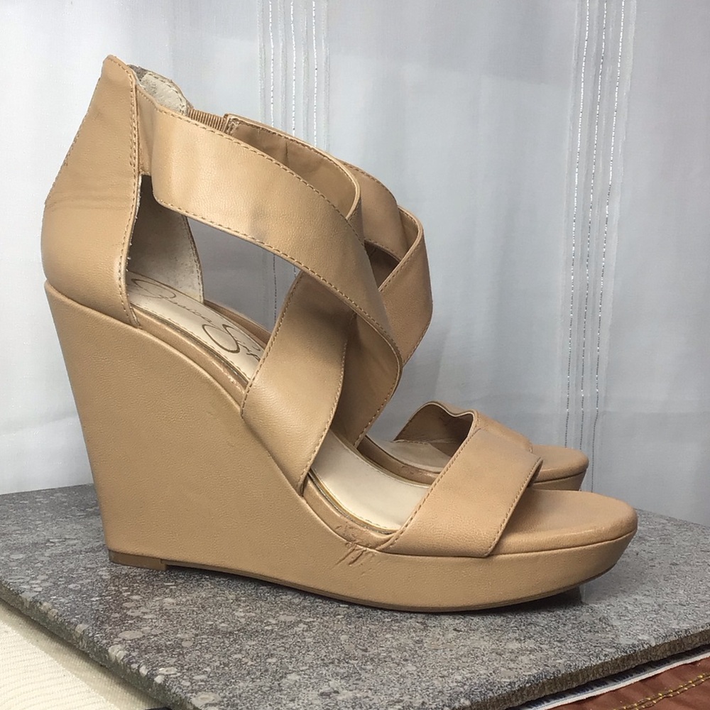Jessica Simpson Jinxxi Tan Faux Leather Crisscross Wedge Sandals Sz 7.5 - Picture 13 of 13
